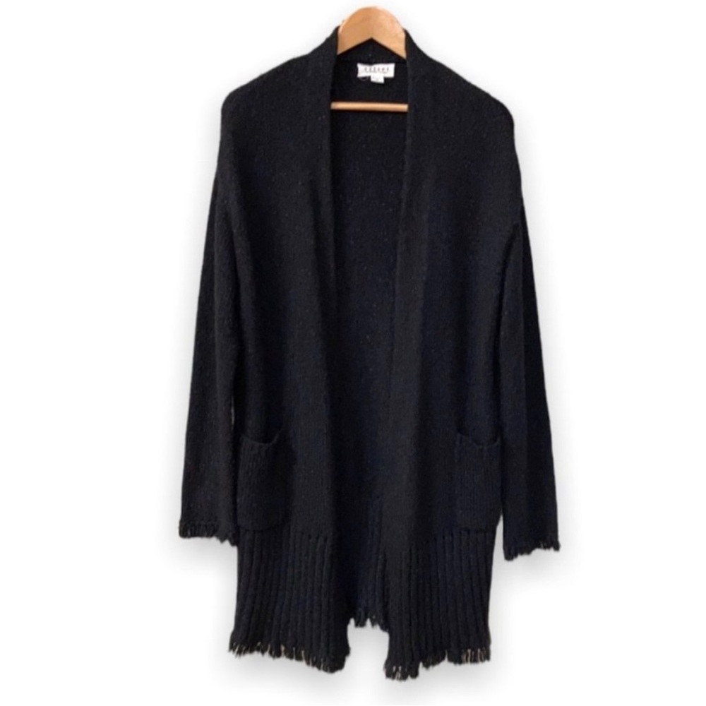Velvet by Graham & Spencer Long Black Knit Fringe Open Front Sweater Cardigan XL